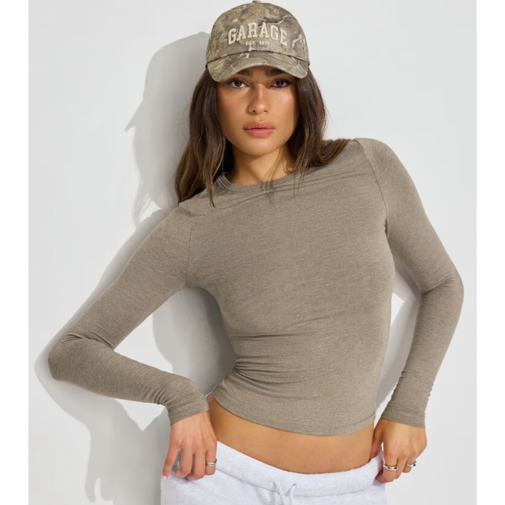 NWT Garage Super Smooth Crewneck Long Sleeve Top Oatmeal Brown Tan